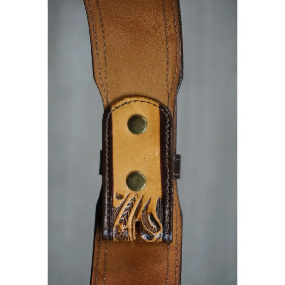 Vintage Yoakum Texas Tooled Custom Floral Leather Belt Brown Tan Western Cowboy